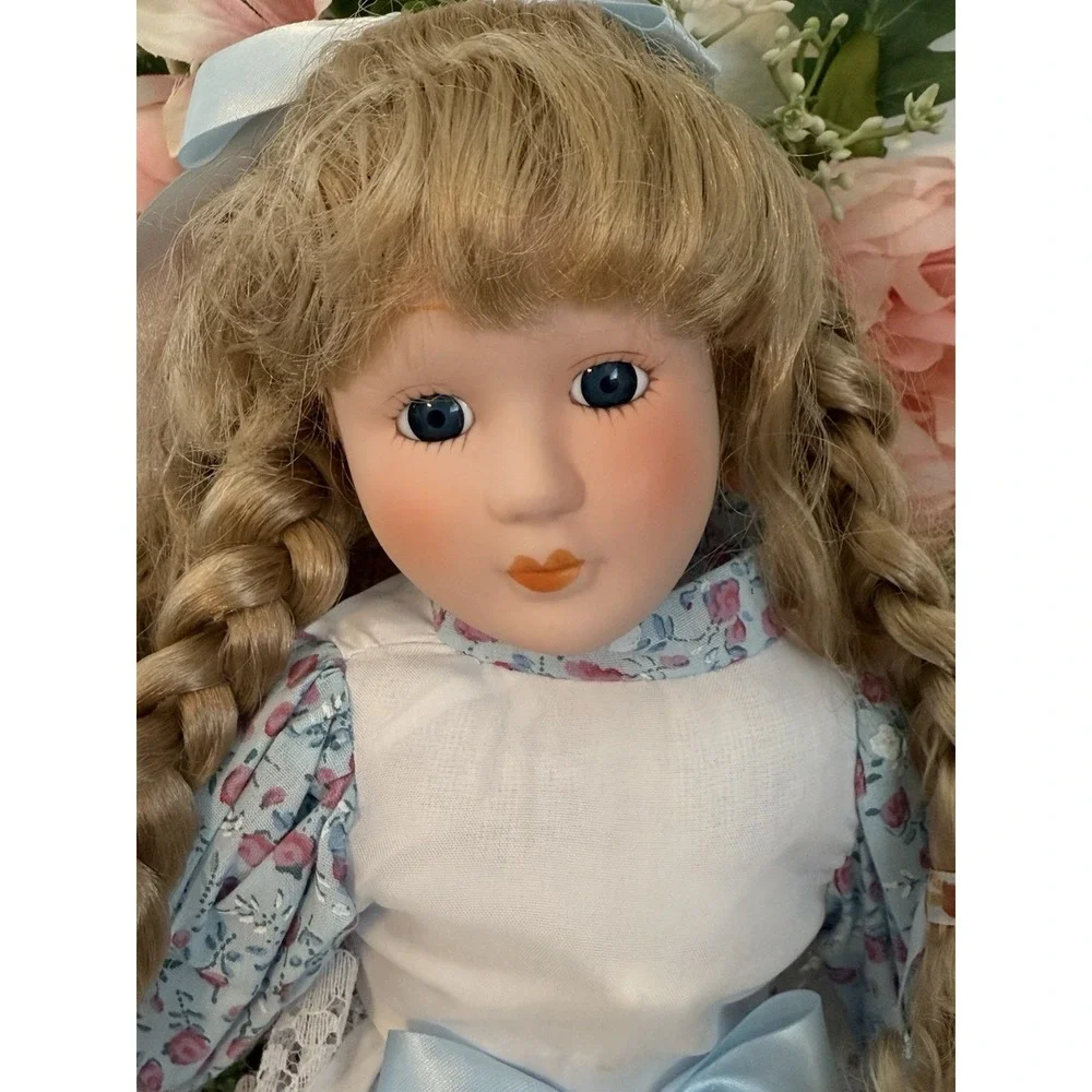 Porcelain Doll Blond Braids Hair Floral Print & White Lace Dress 16